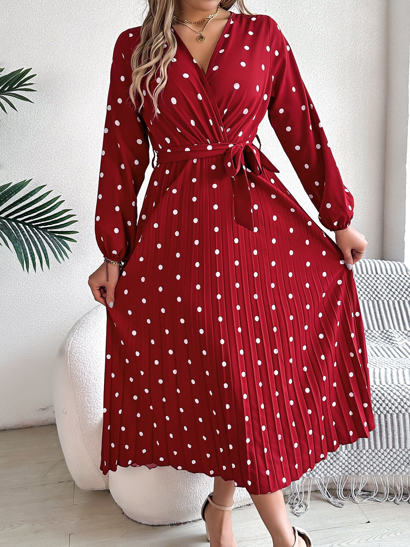 Polka Dot Maxi Dress in Burgundy - by Malbusaat