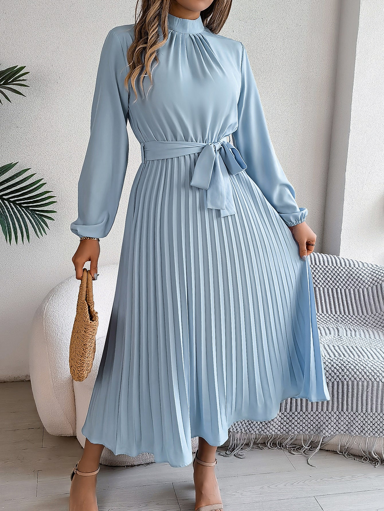 Elegant Stand Collar Pleated Maxi in Light Blue - by Malbusaat