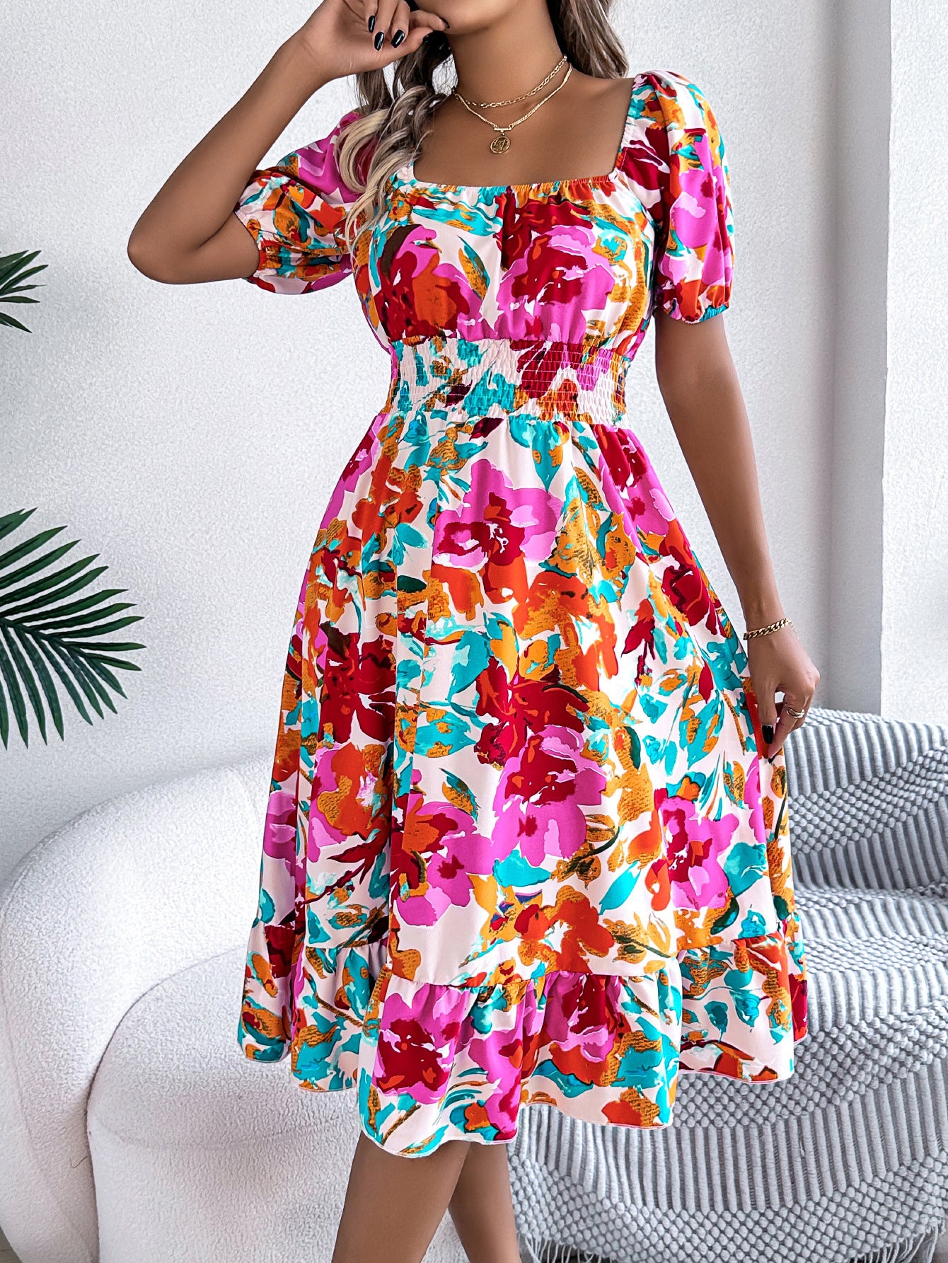 Floral Square Neck Smocked Ruffle Midi A-Line Dress in - by Malbusaat