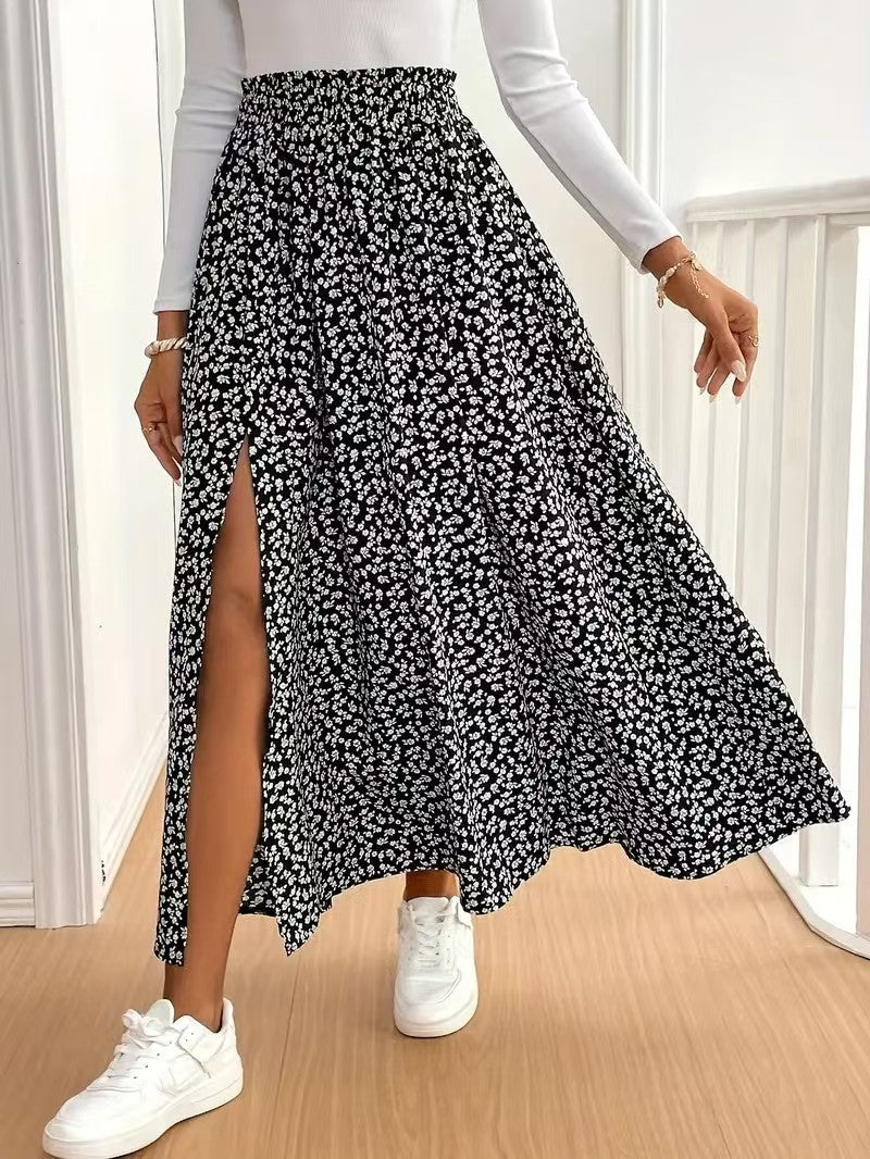 Floral Split Ruffle Maxi Skirt in - by Malbusaat