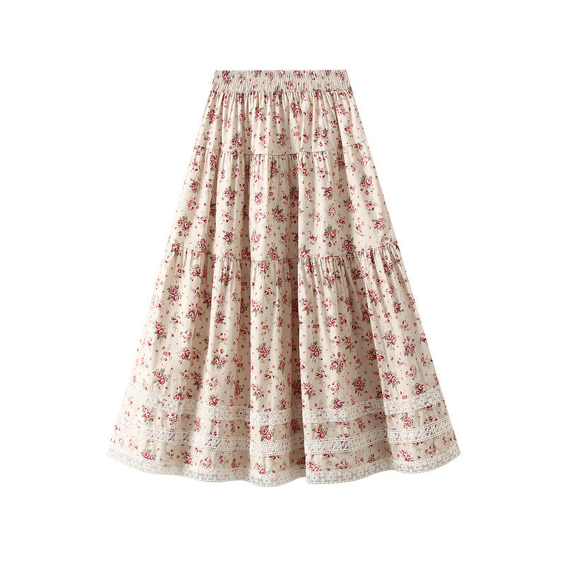 Pastoral Floral Tiered Lace Skirt in One Size Pink - by Malbusaat