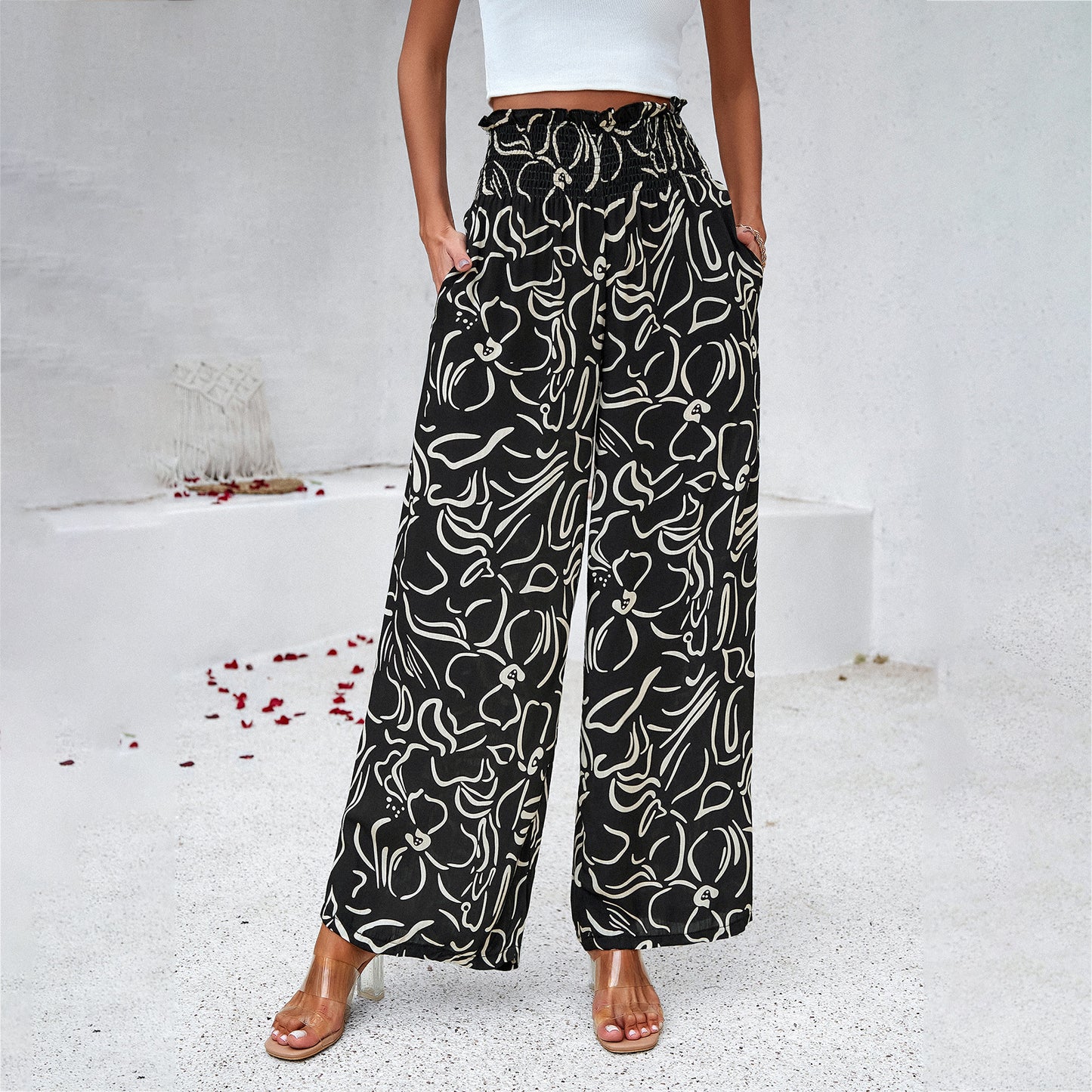 Abstract Print Smocked Waist Wide Leg Trousers