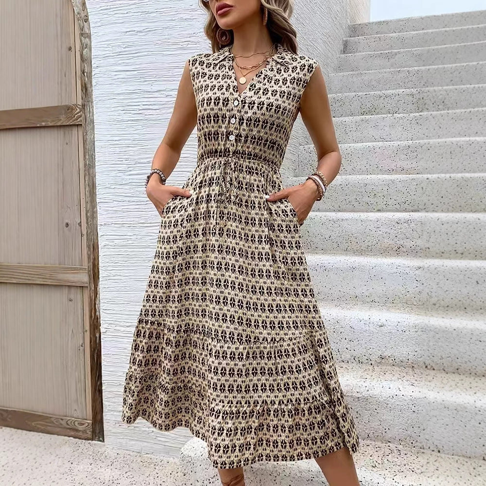 V Neck Suspender Midi Dress with Pockets