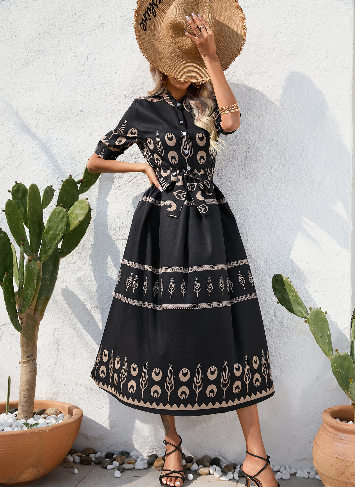 Printed Half Sleeve Maxi Dress in - by Malbusaat