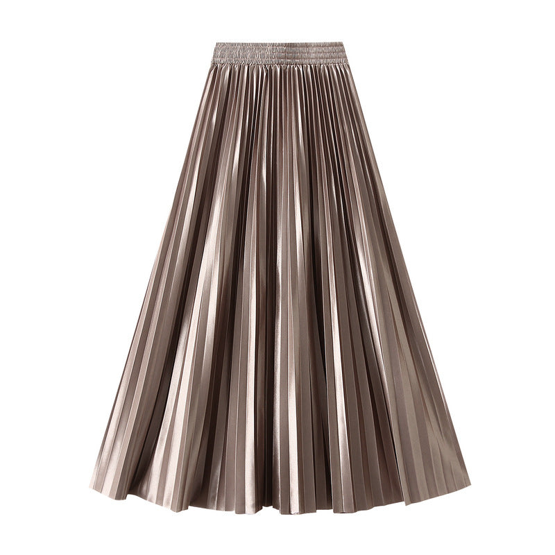 Glossy High-Waist Pleated A-Line Skirt in One Size Pink - by Malbusaat