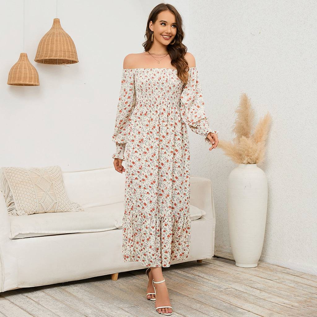 Boho Floral Chiffon Maxi Dress in White - by Malbusaat