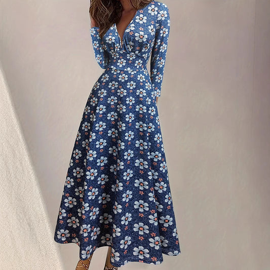 Elegant Deep V-Neck Floral Maxi in - Maxi Dress by Malbusaat