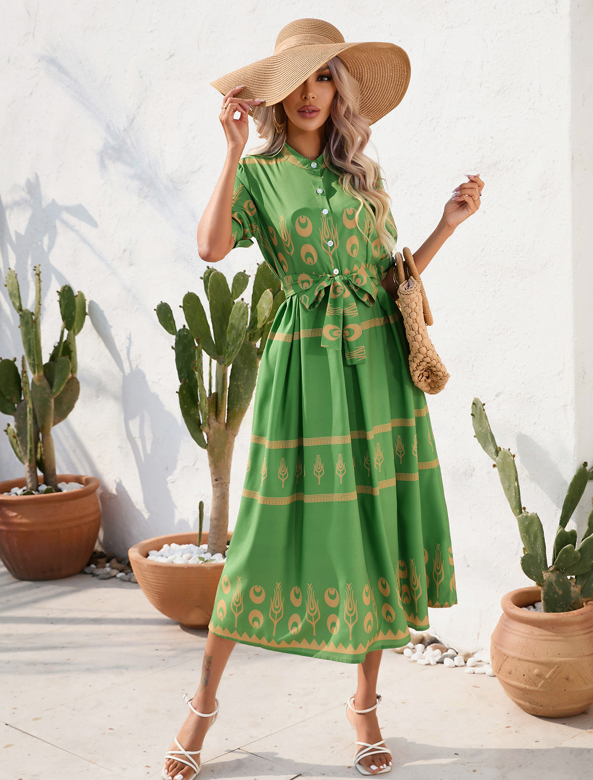 Printed Half Sleeve Maxi Dress in Green - by Malbusaat