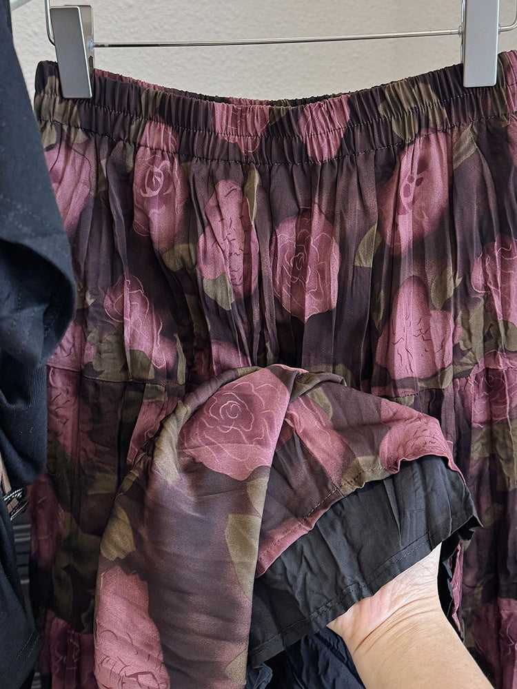 Retro Rose Printed Midi Skirt