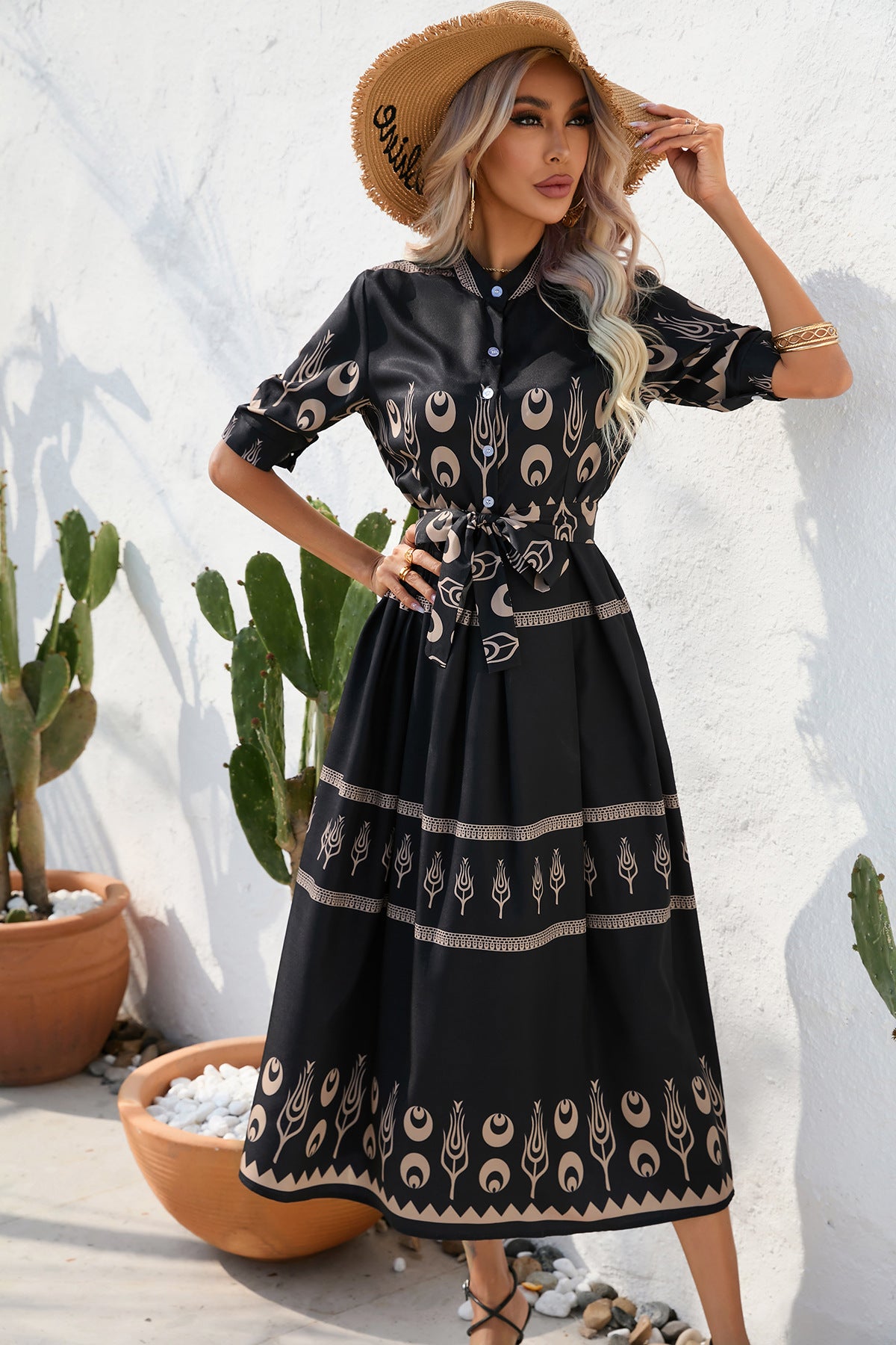 Printed Half Sleeve Maxi Dress in - by Malbusaat