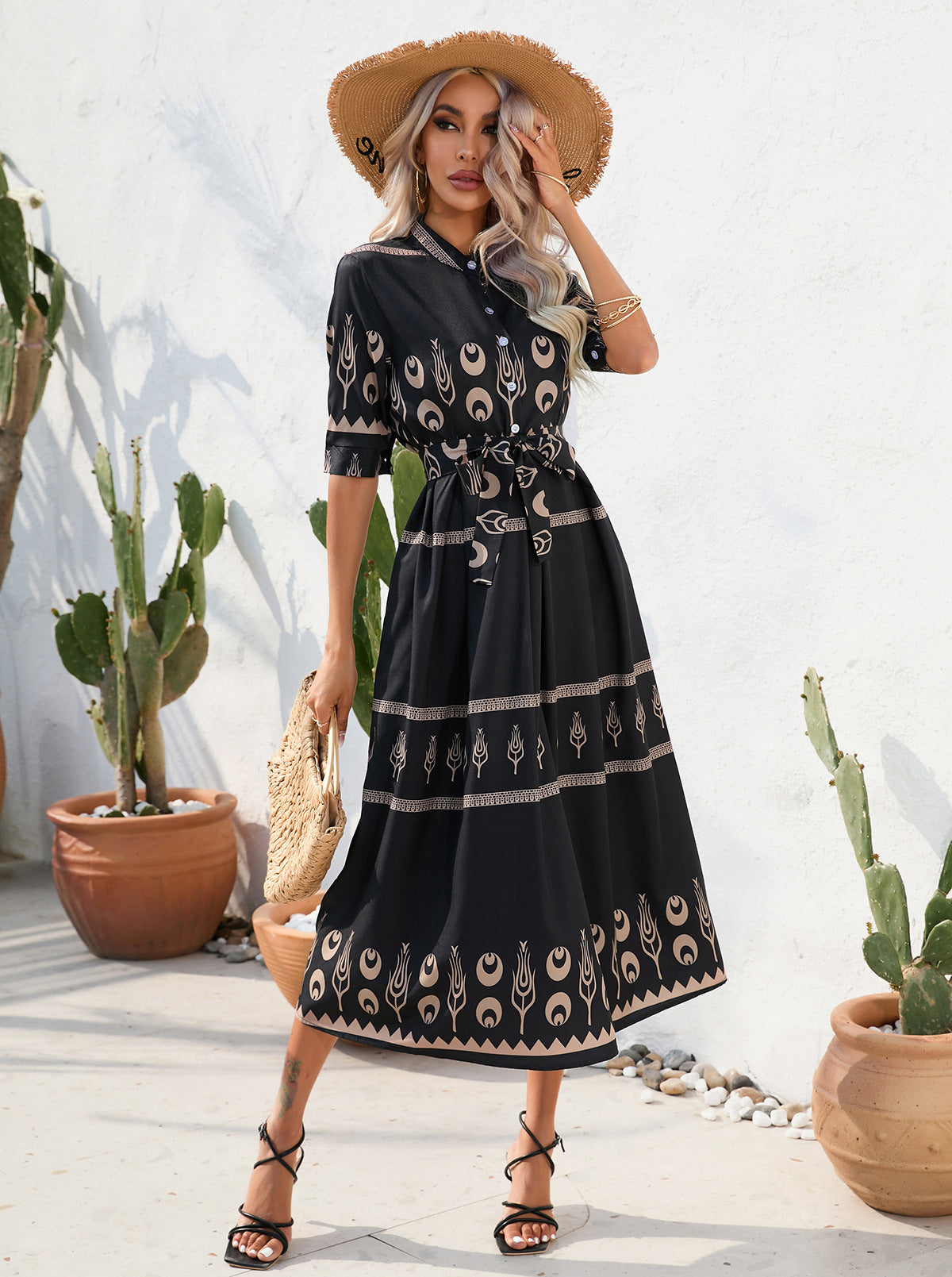 Printed Half Sleeve Maxi Dress in - by Malbusaat