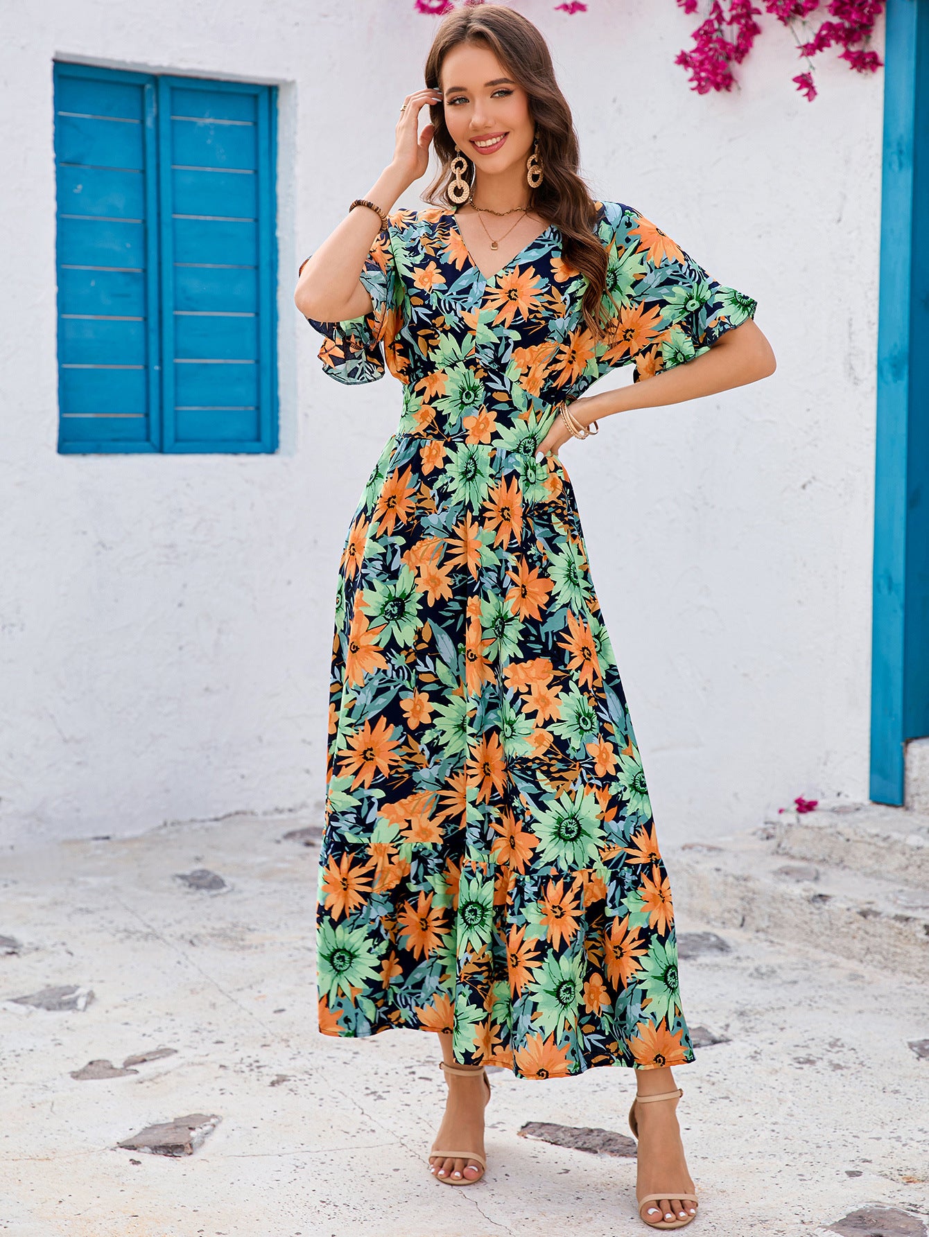 Ruffled V-Neck Short Sleeve Maxi in - by Malbusaat