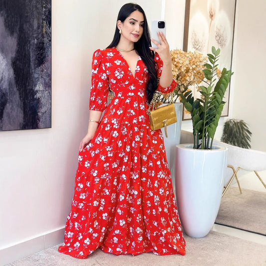 Floral V-neck Three-Quarter Sleeve Maxi in - by Malbusaat