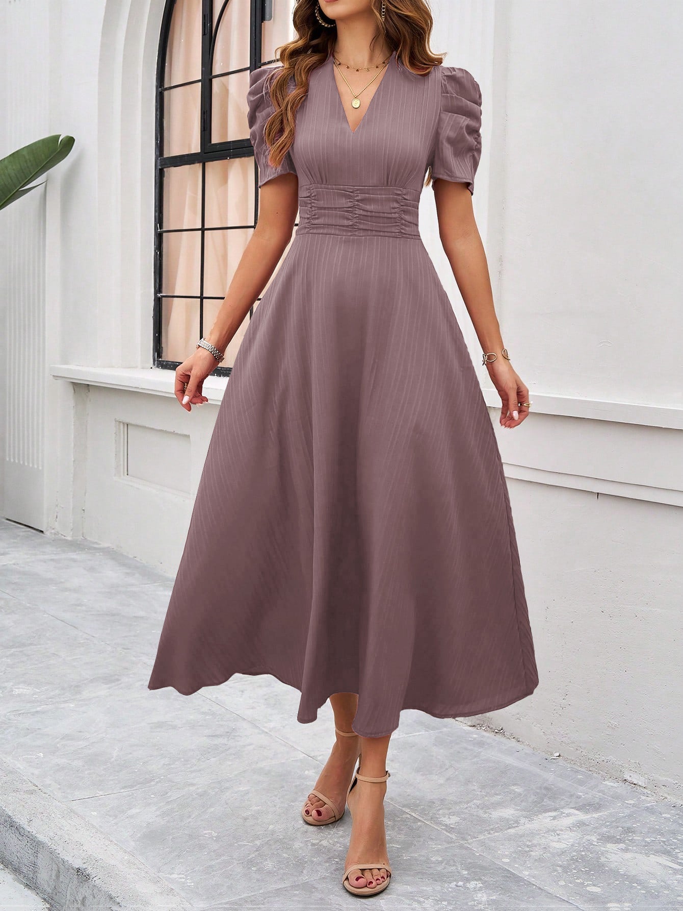 V Neck Short Sleeve High Waist Maxi in - by Malbusaat