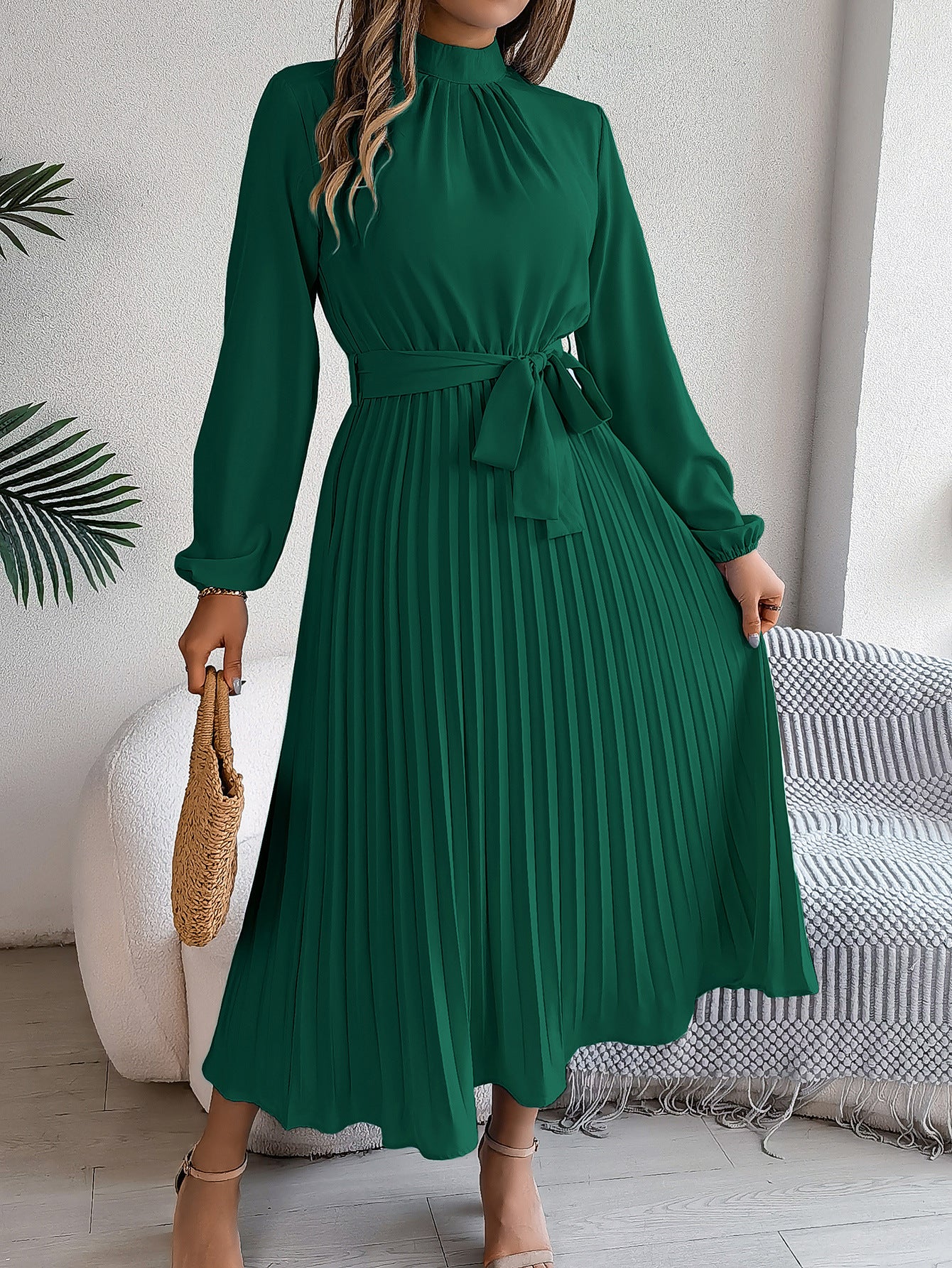 Elegant Stand Collar Pleated Maxi in Green - by Malbusaat