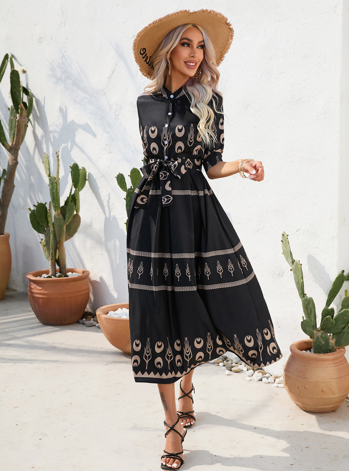 Printed Half Sleeve Maxi Dress in - by Malbusaat