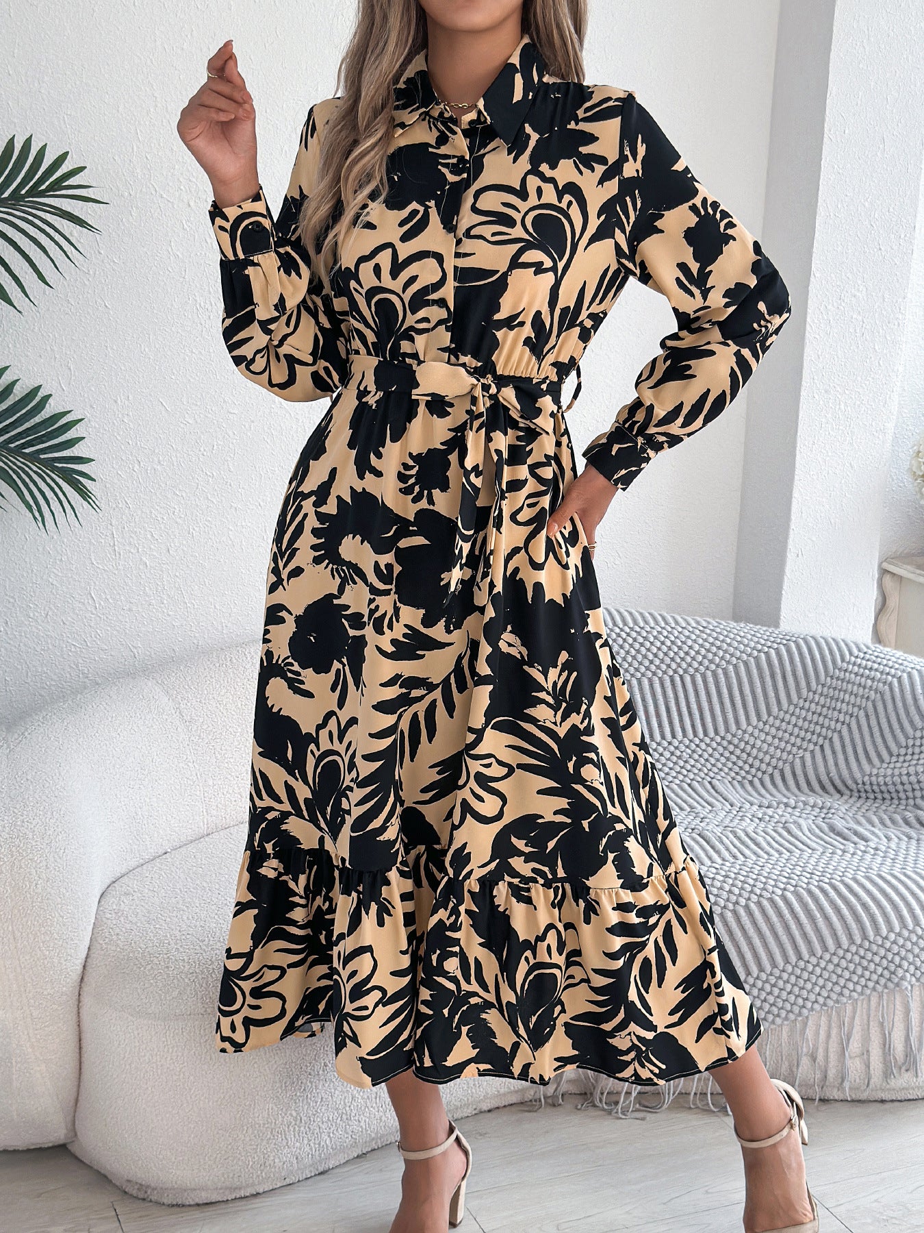 Elegant Floral Long Sleeve Shirt Dress