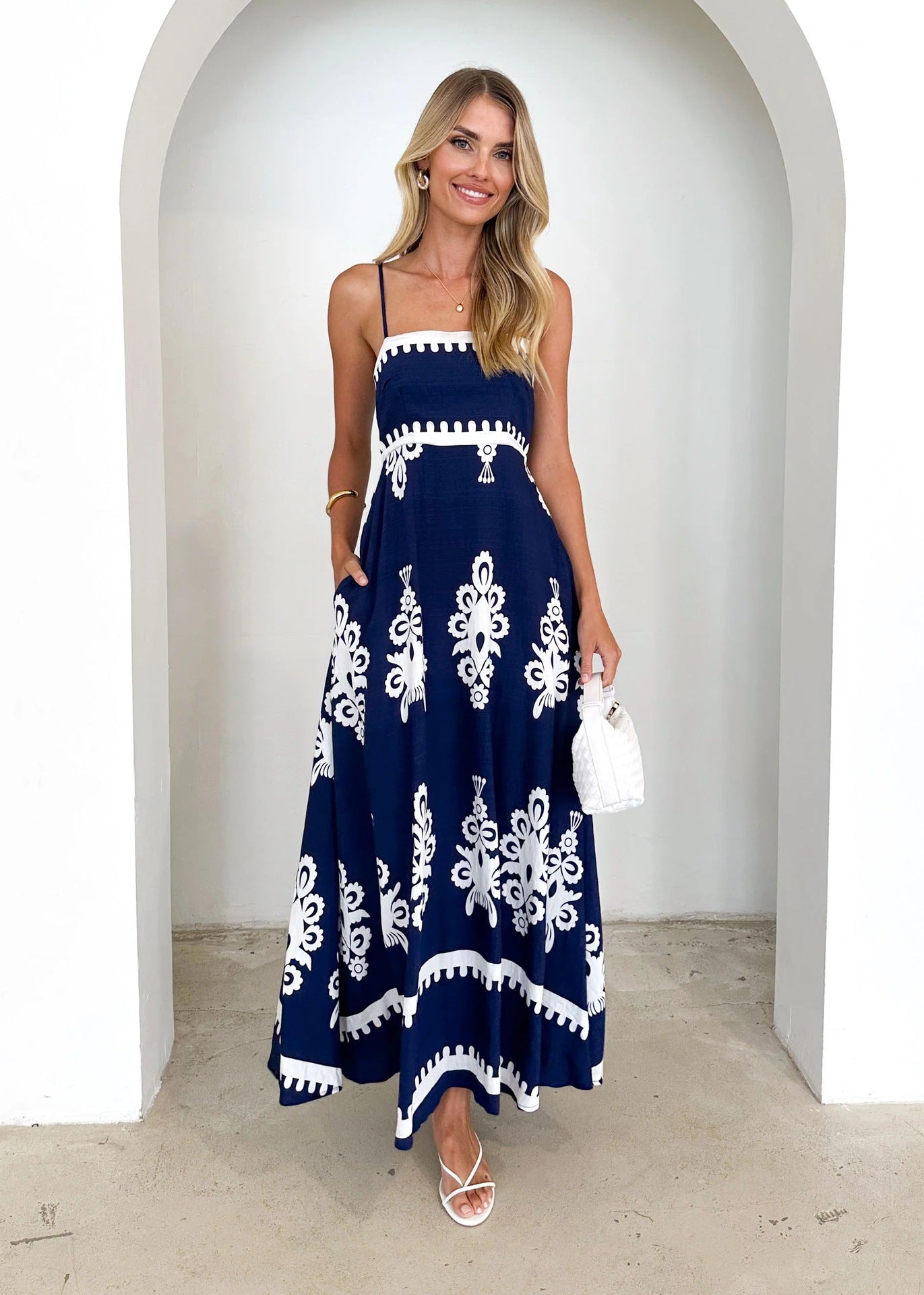 Graphic Print Smocked Cami Swing Maxi in Navy Blue - by Malbusaat