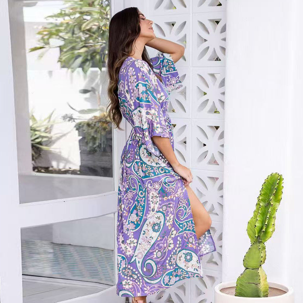 V-Neck Batwing Sleeve Printed Slim Maxi
