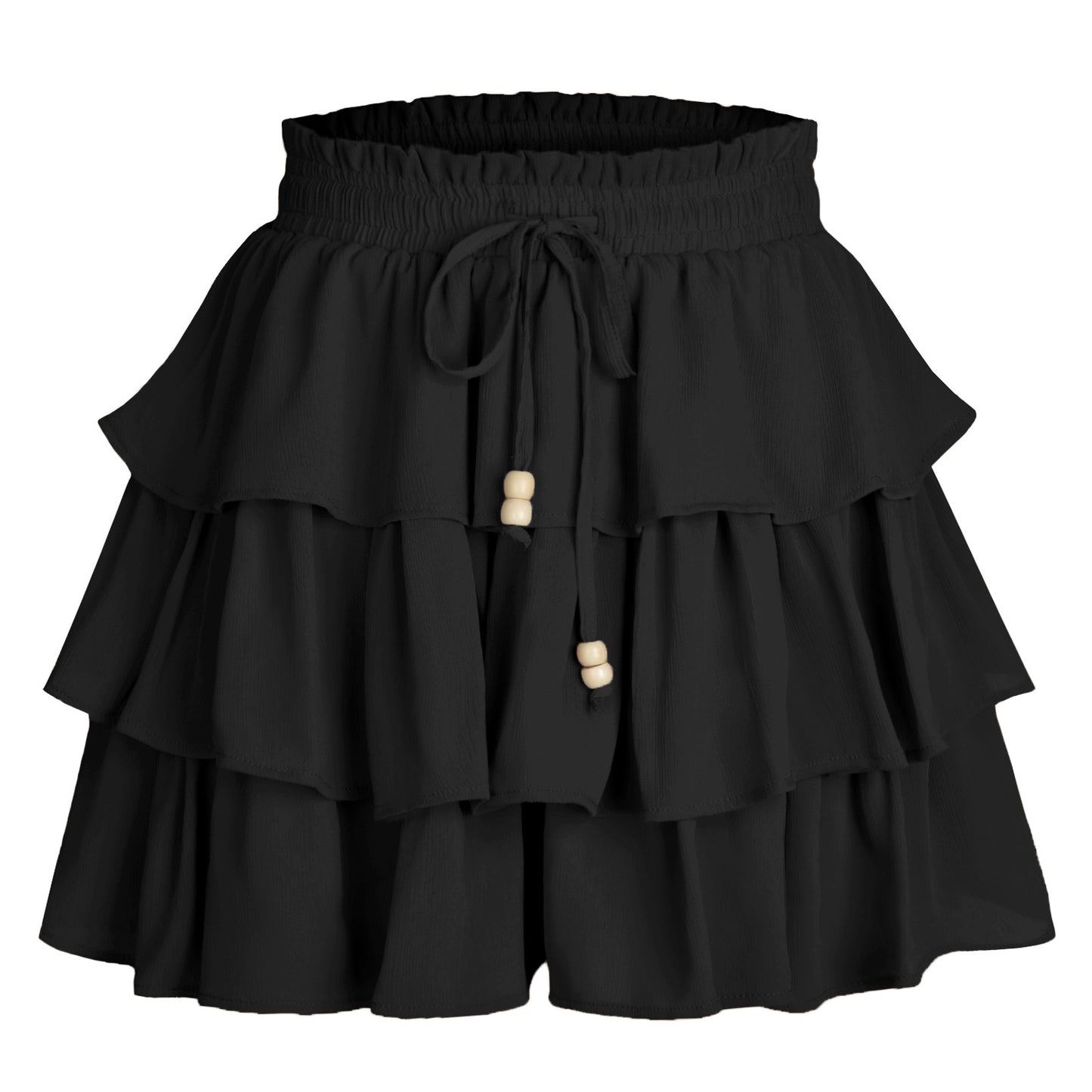 Malbusaat layered lace up pantskirt in black with tiered ruffle design and adjustable waist