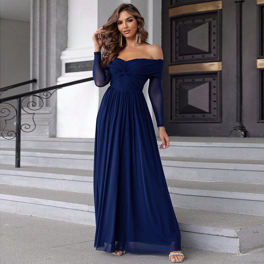 Royal Blue Off-Shoulder Mesh Maxi in - by Malbusaat