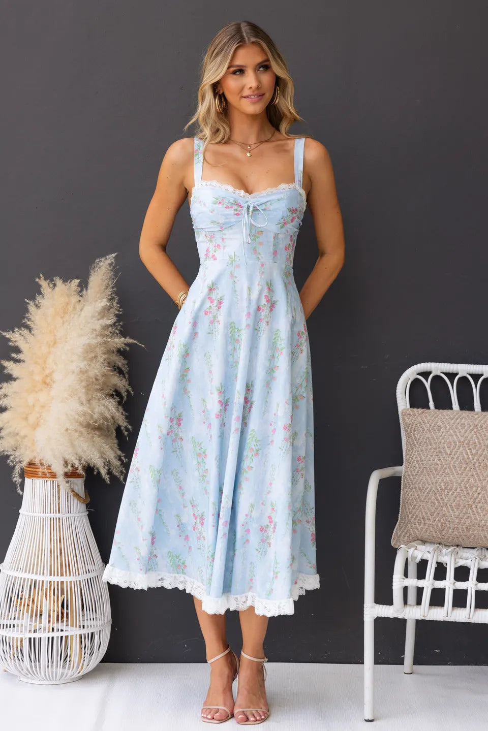 Slim Floral Print Lace Spaghetti Strap Dress