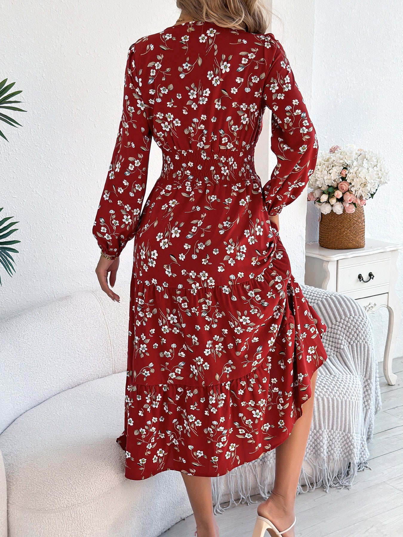Floral V-Neck Long Sleeve Midi Dress in - by Malbusaat