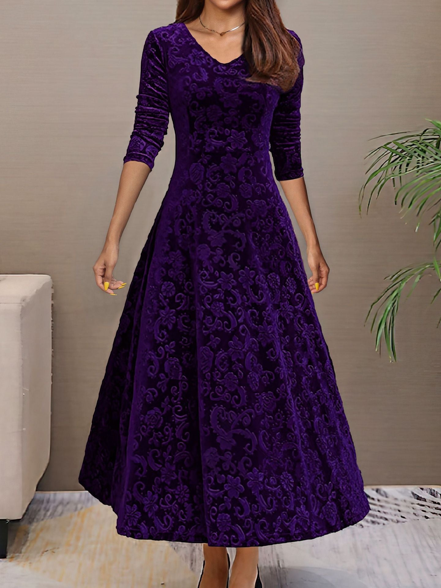 Plus Size Velvet Mid-Length Dress in - by Malbusaat