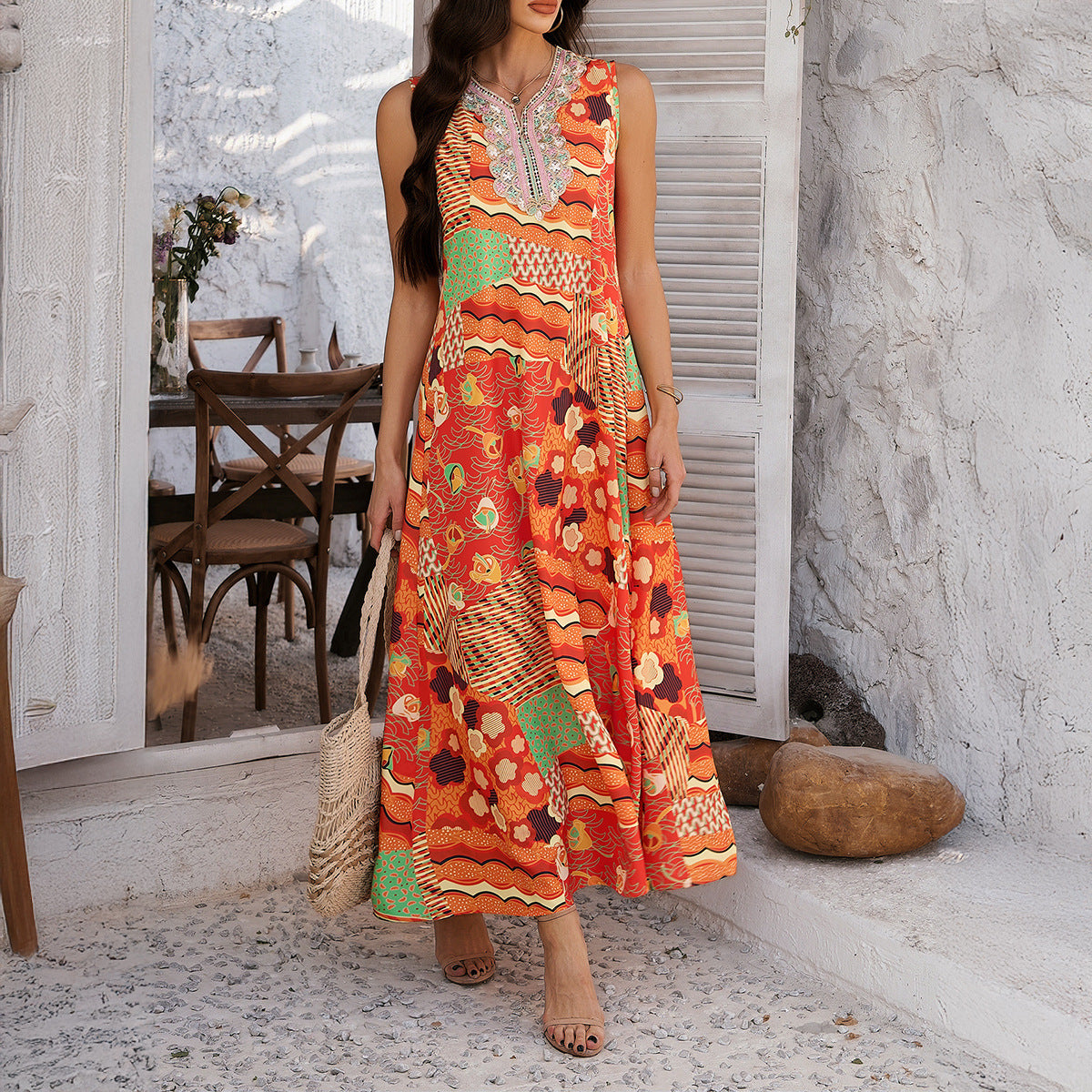 Printed Contrast Color Sleeveless Maxi in Orange - by Malbusaat