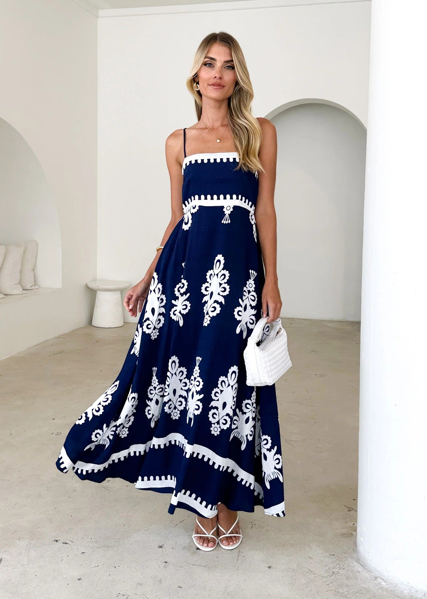 Graphic Print Smocked Cami Swing Maxi in - by Malbusaat