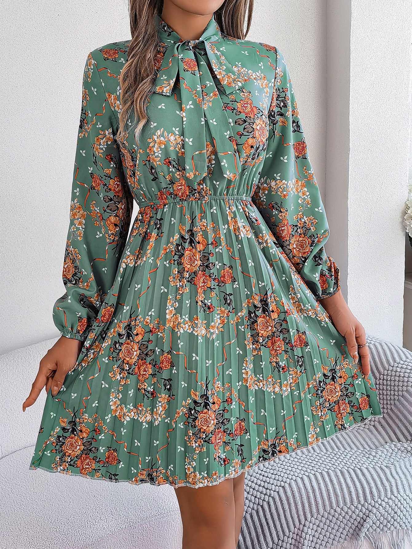 Elegant Floral Lace-Up Waist Dress in - by Malbusaat