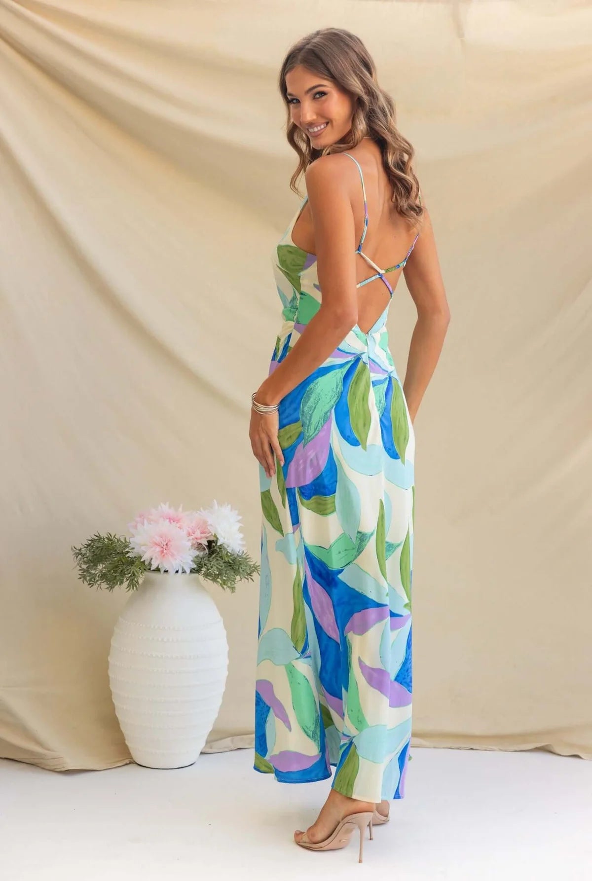 Floral Print Sleeveless Backless Maxi Dress in - by Malbusaat