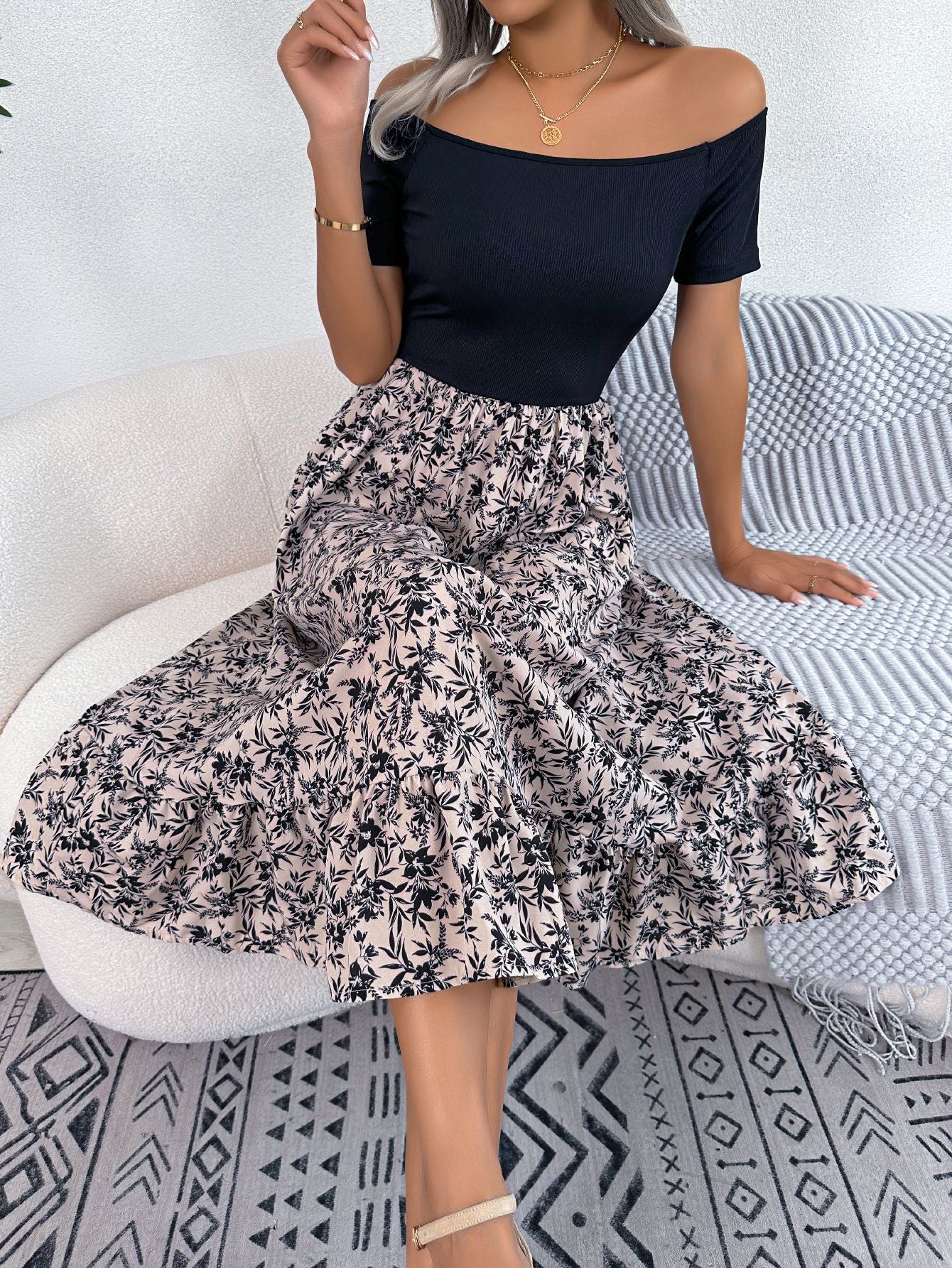 Floral Off-Shoulder Ruffle Patchwork Midi Dress in Khaki - by Malbusaat