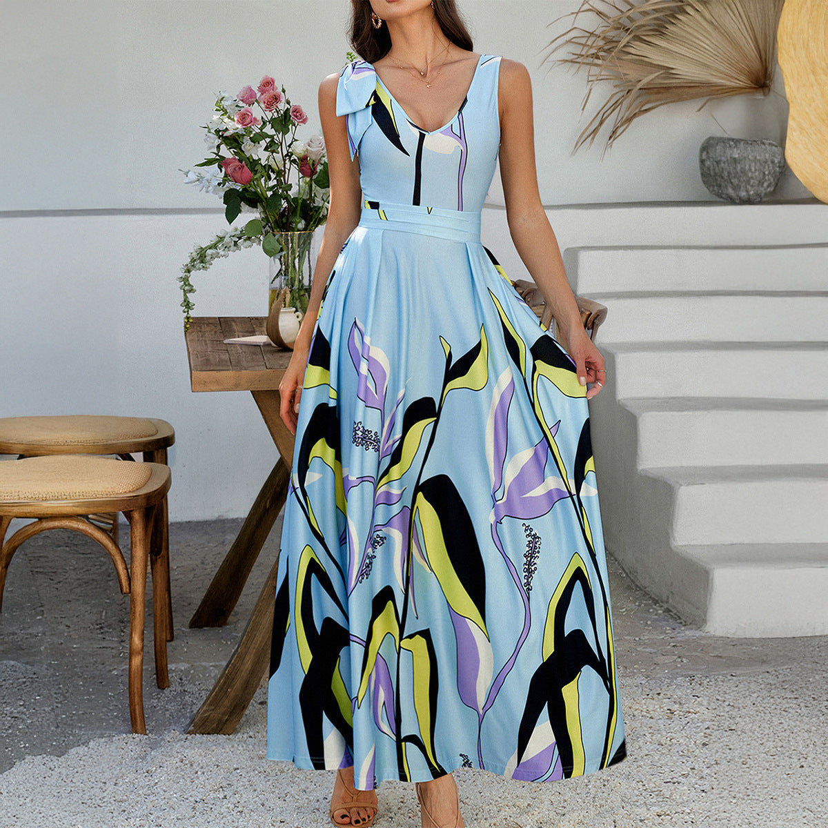 Floral V-Neck Asymmetric Maxi in Blue - by Malbusaat