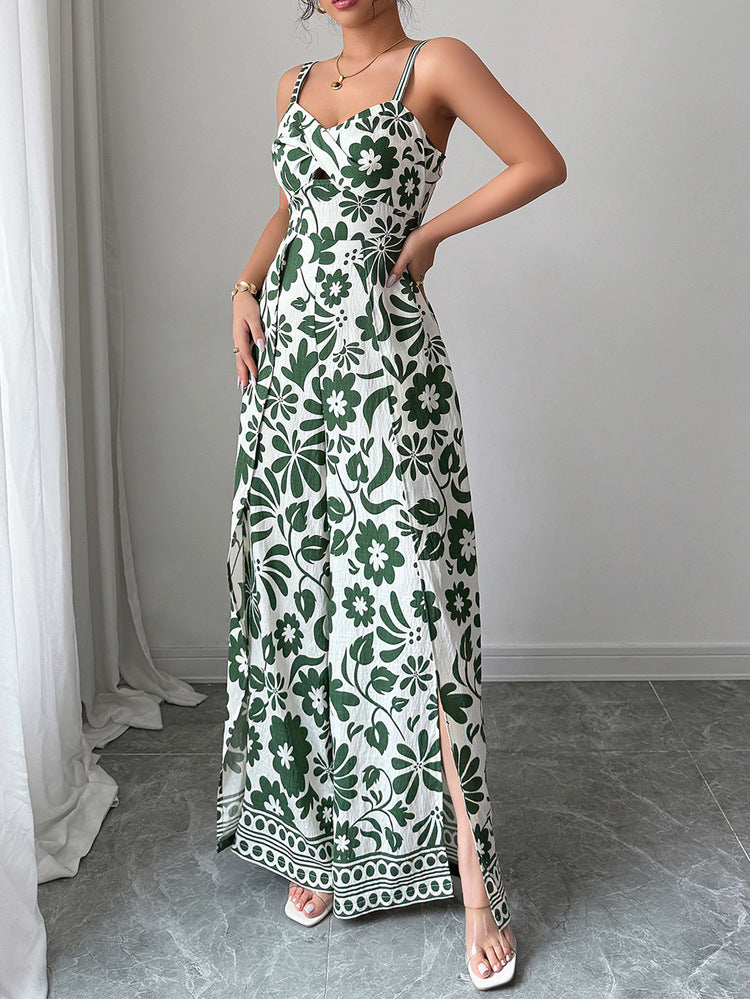 Elegant Printed Sleeveless V Neck Dress