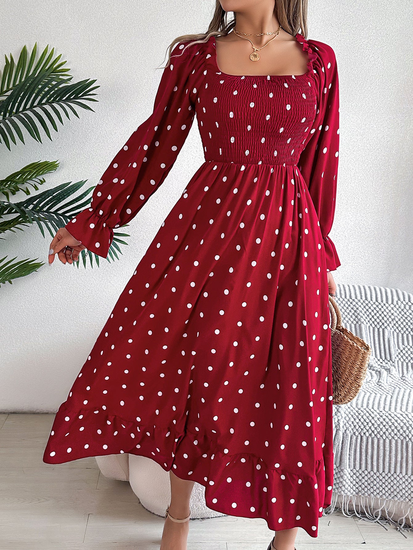 Elegant Polka Dot Maxi Dress in Red - by Malbusaat