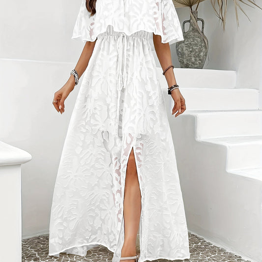 Elegant Off-Shoulder Split Long Jacquard Dress in - by Malbusaat
