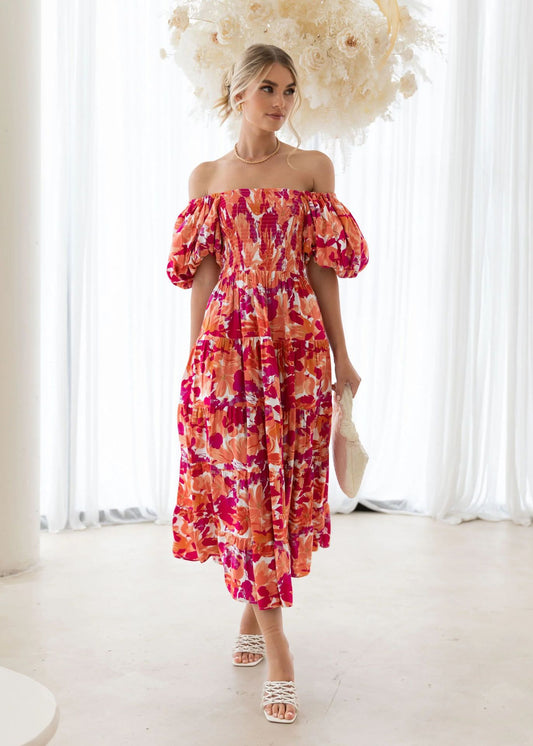 Printed Off-Shoulder Puff Sleeve Maxi in - by Malbusaat