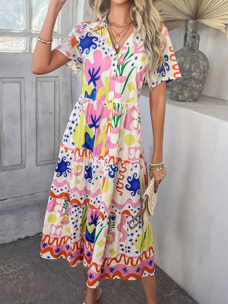 Floral Contrast Color Shirt Dress