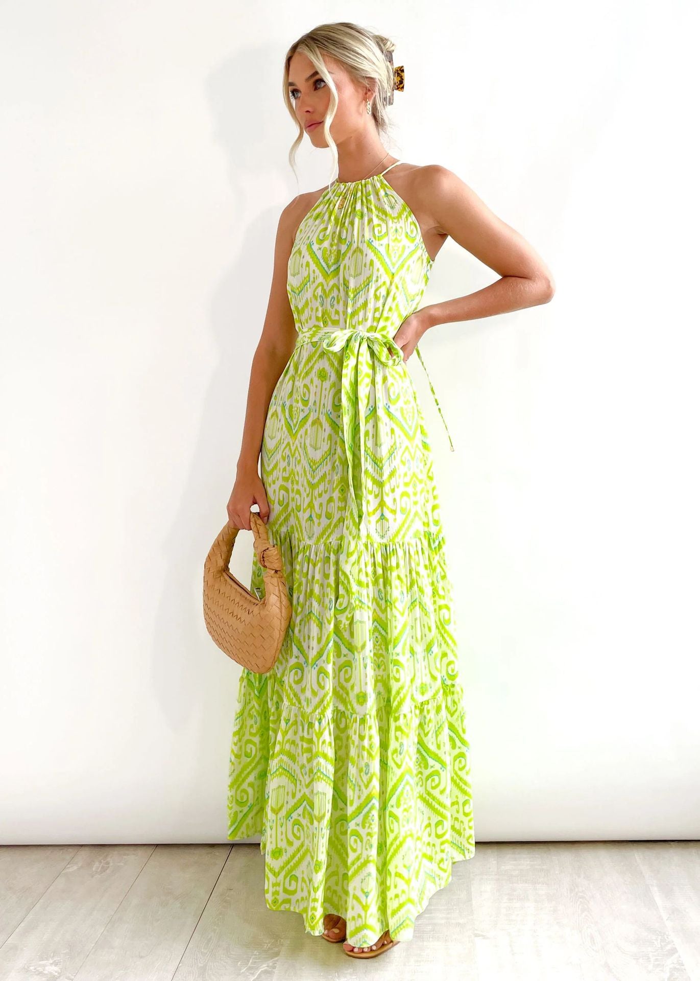 Printed Halter Neck Belted Tiered Maxi