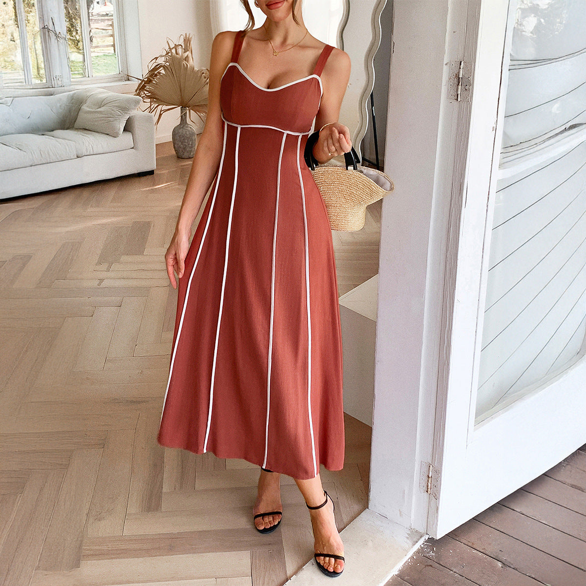 Striped Sleeveless Midi Dress in - by Malbusaat