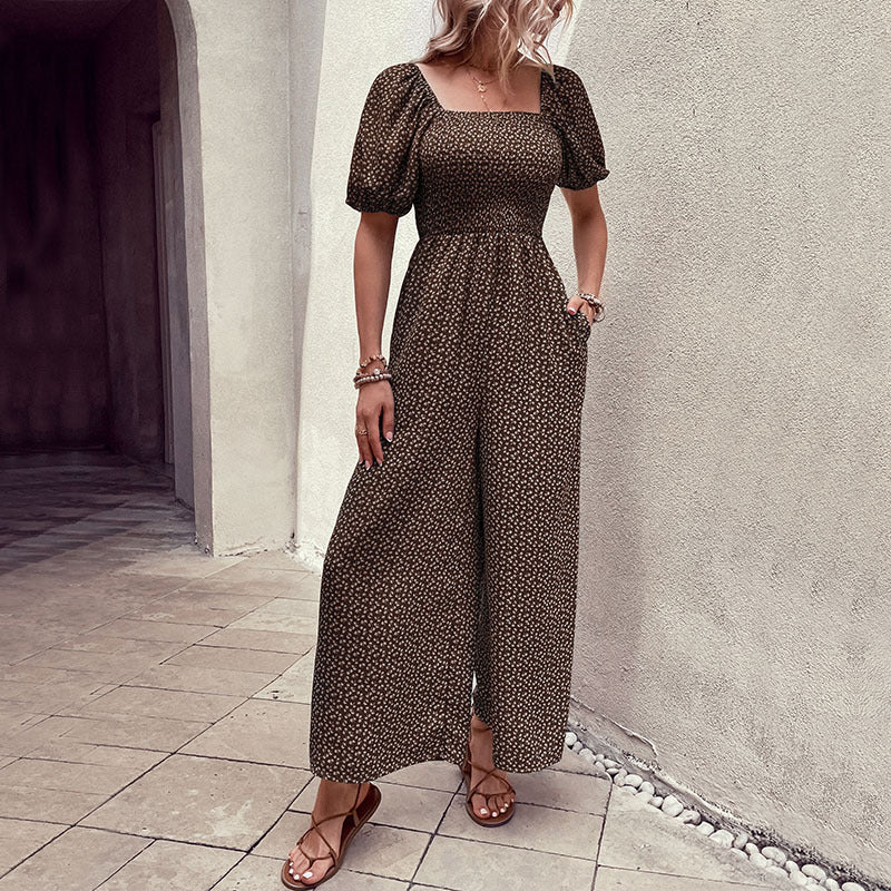 Floral Square Neck Smocked Jumpsuit in Coffee brown - by Malbusaat