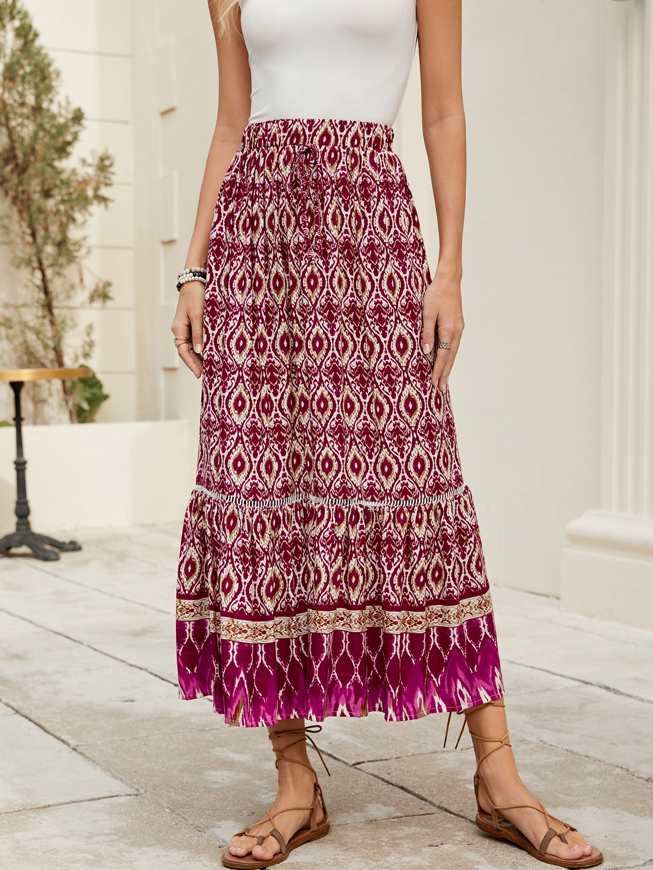 Elegant Boho Printed High-Rise Maxi Swing Skirt in - by Malbusaat