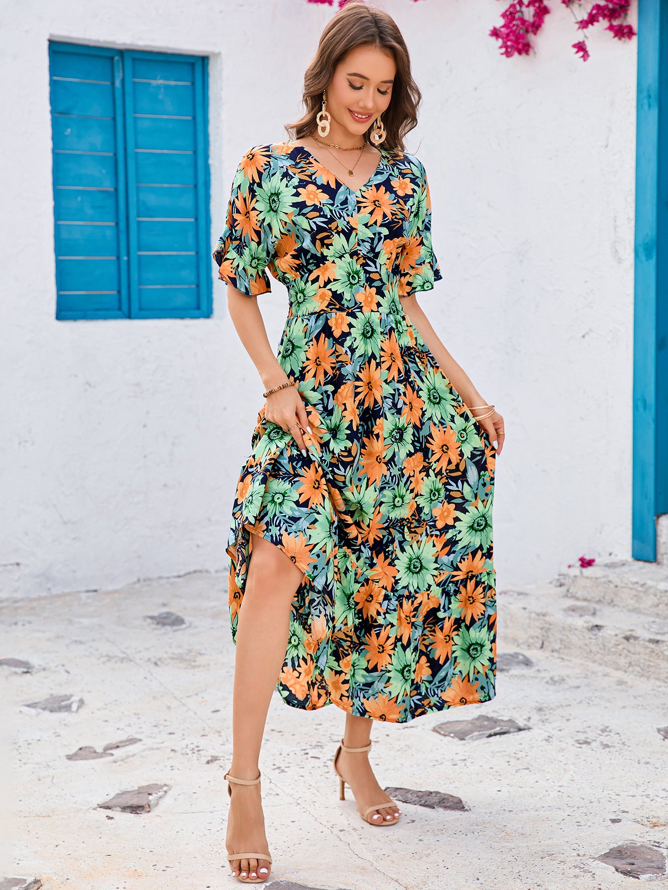 Ruffled V-Neck Short Sleeve Maxi