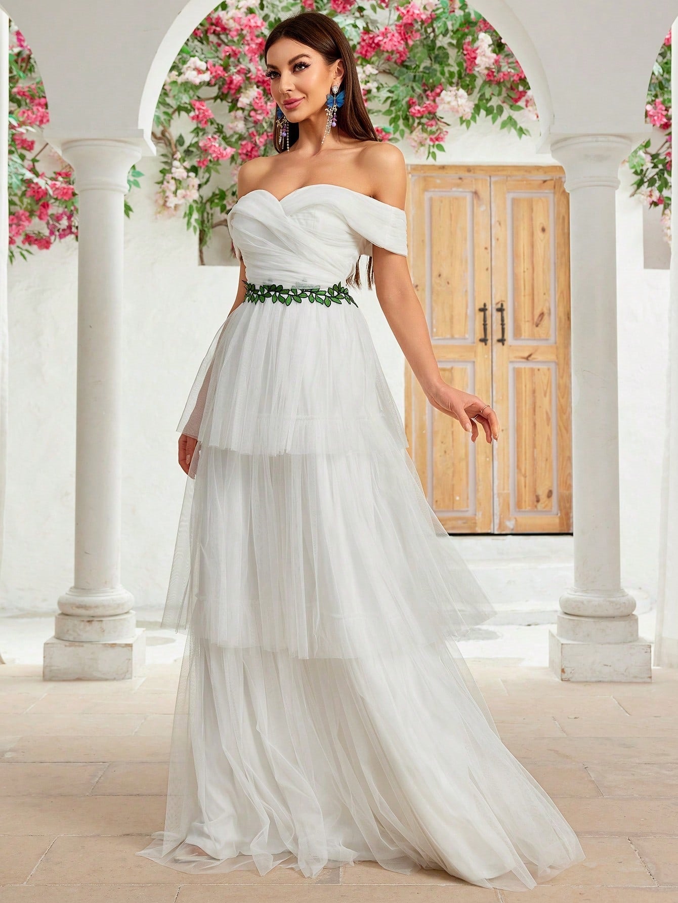 Elegant Off-Shoulder Mesh Maxi in White - by Malbusaat