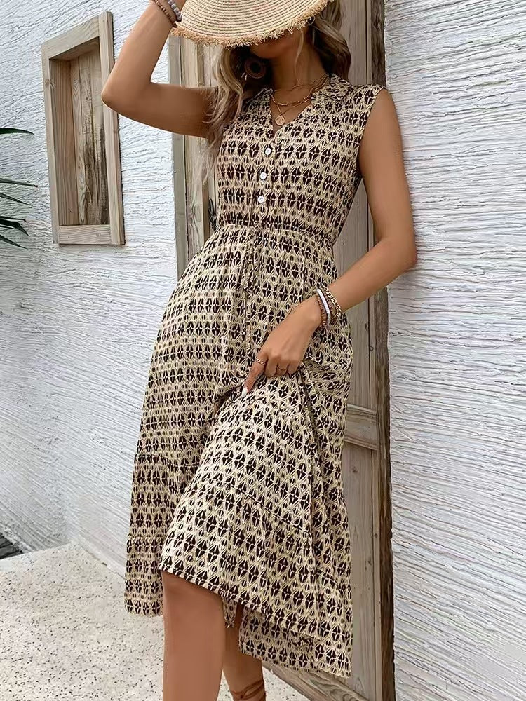 V Neck Suspender Midi Dress with Pockets