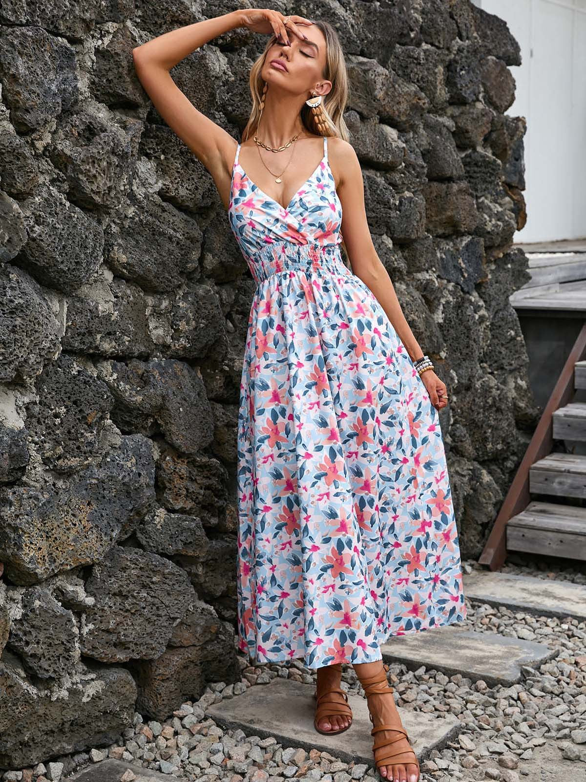 Floral V-Neck Midi Cami Dress in - by Malbusaat