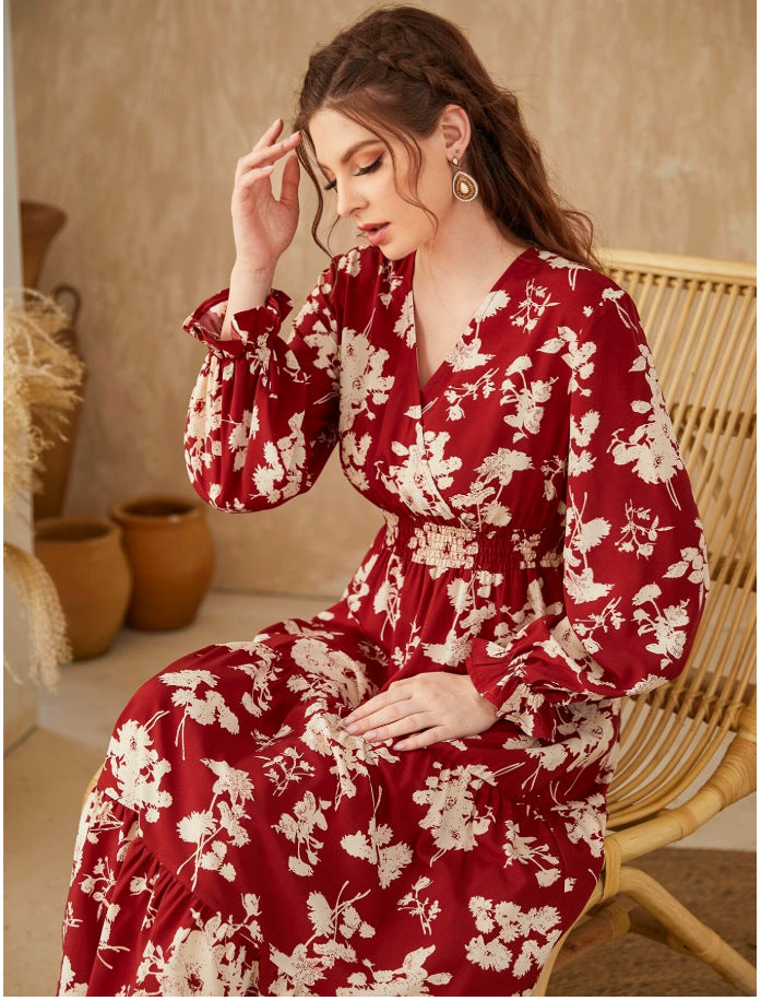 Floral V-Neck Long Sleeve Smocked Tiered Maxi in - by Malbusaat