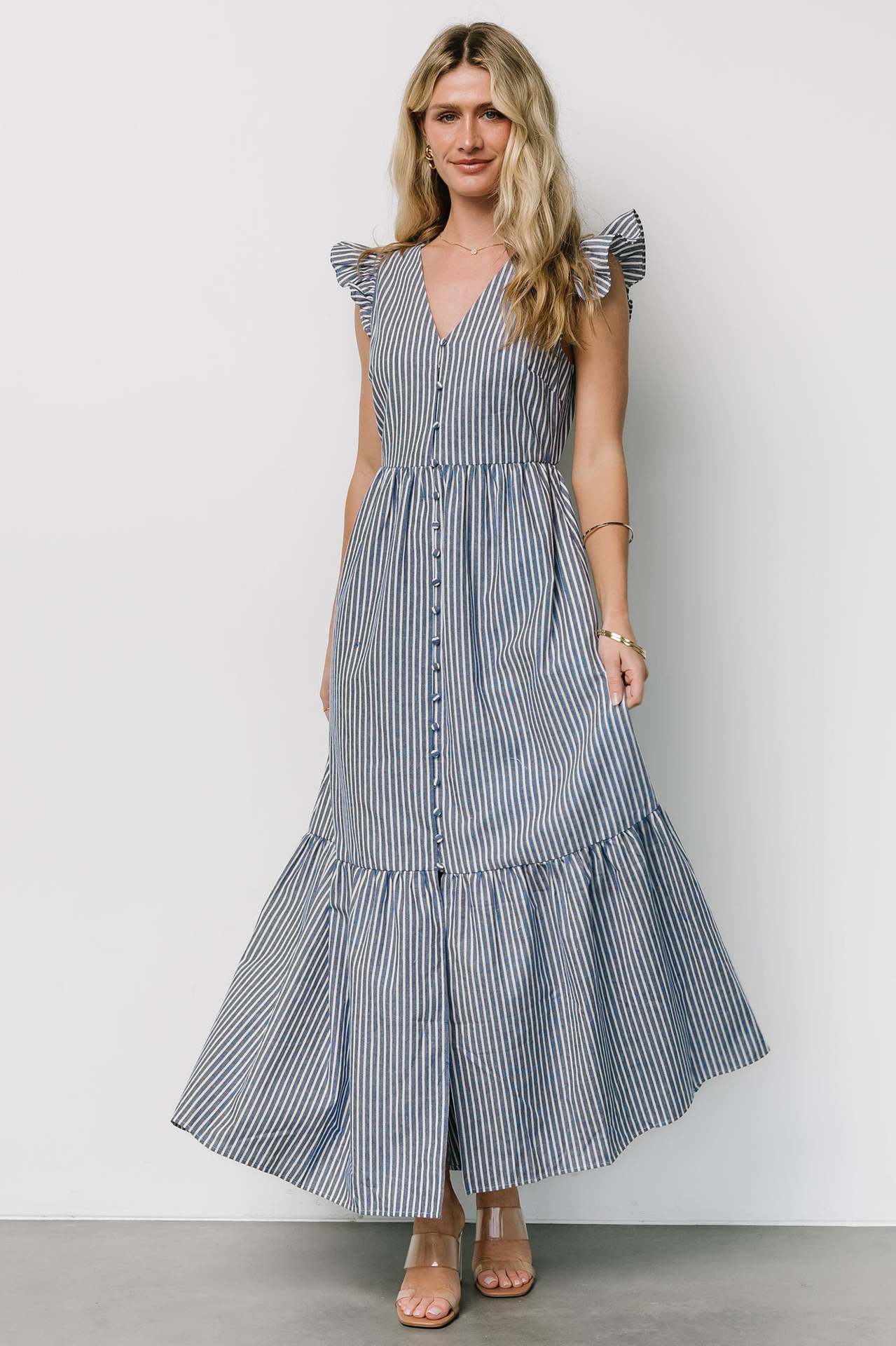 Striped V-Neck Shirt Maxi in Blue - by Malbusaat