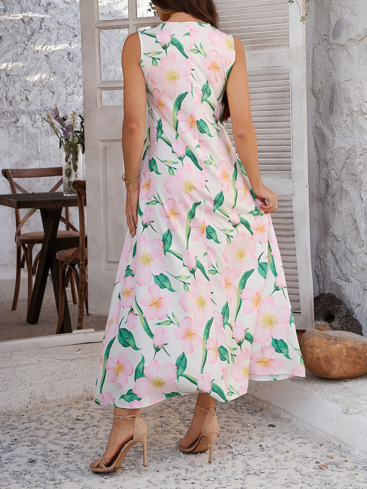 Printed Contrast Color Sleeveless Maxi